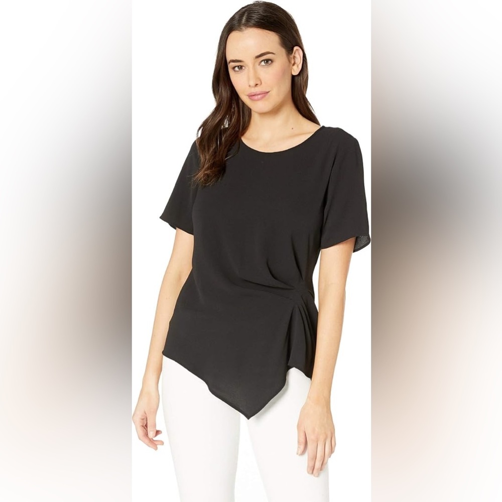 Vince Camuto Black Side Pleat Mixed Media Blouse Shirt Short Sleeve Top